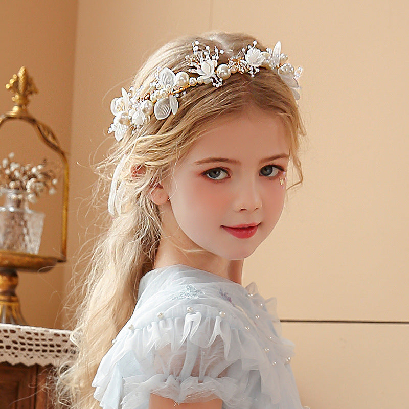 Children's Wreath Head Ornament - Flower Headband for Kids, Pearl & Rhinestone Design