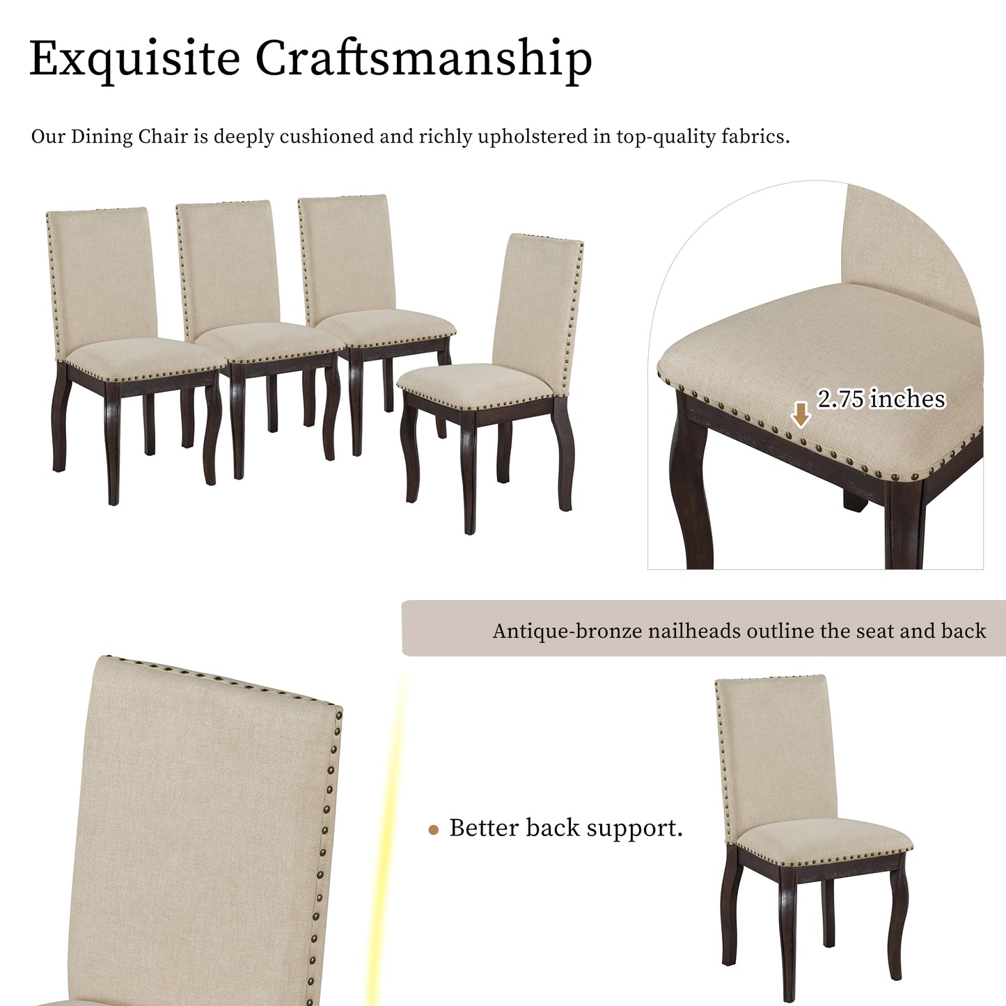 Set of 2 Wood Upholstered Dining Chairs with Nailhead - Espresso