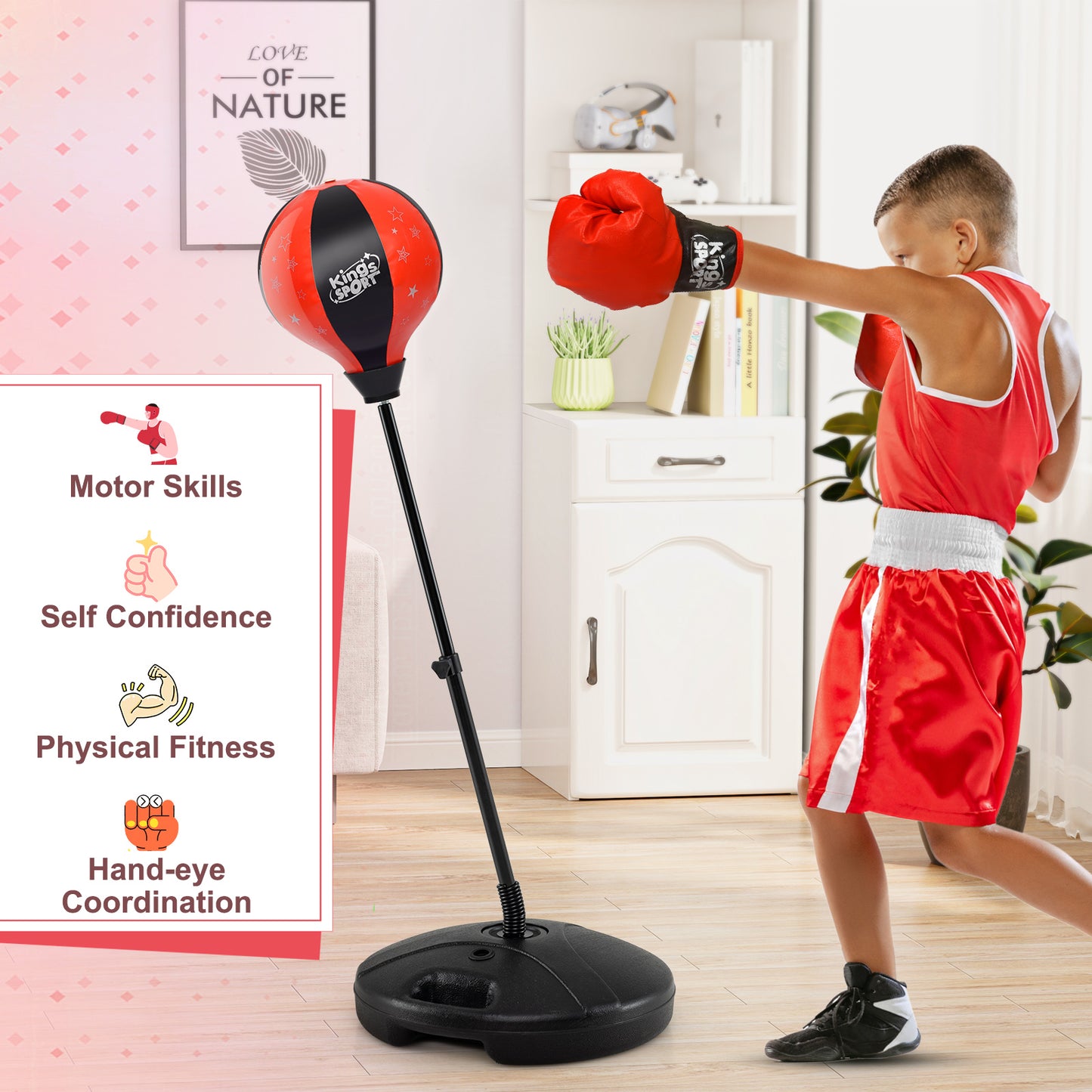 Kids Adjustable Punching Bag Toy Set with Boxing Gloves - Red