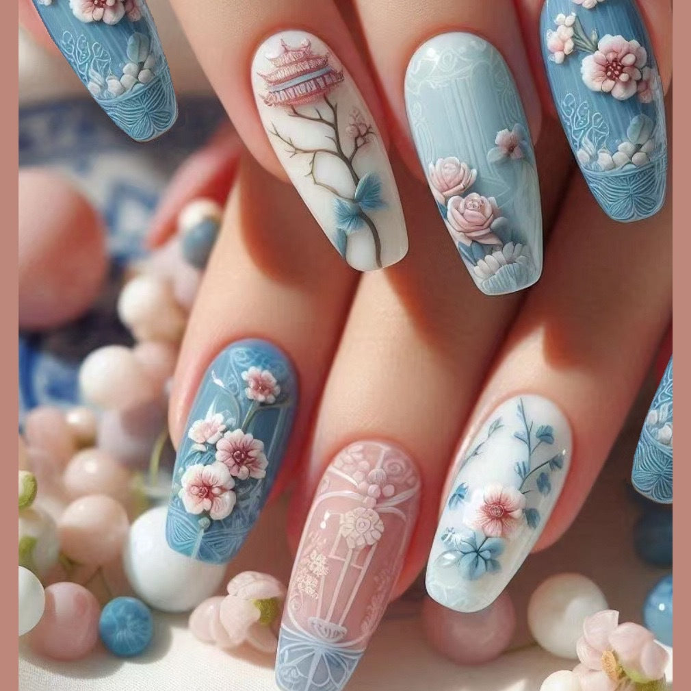 Fake Nail Art Stickers - 24 Pieces Floral & Christmas Designs for Ladies