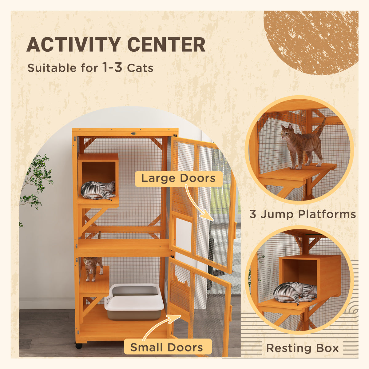 Large Wooden Cat House with Wheels - Enclosure for 1-3 Cats, Orange