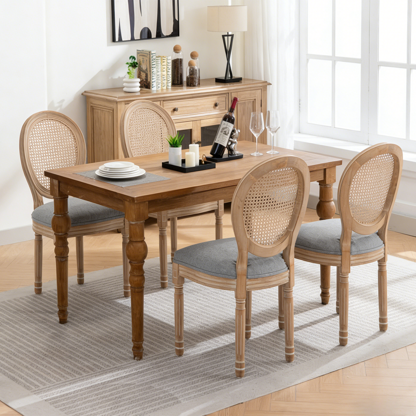 Farmhouse Dining Chairs Set of 2 - Grey Linen & Rattan Backrest