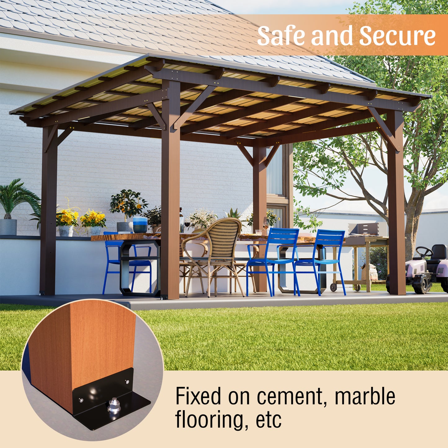 13x10ft Wooden Garden Gazebo with Metal Roof - Brown