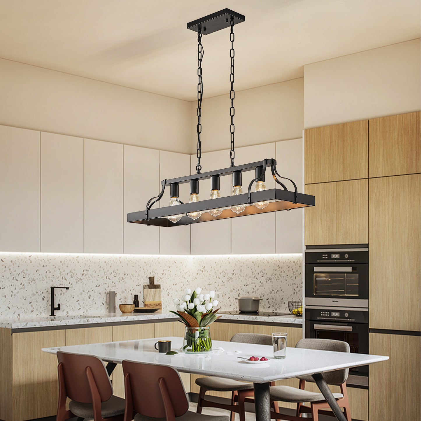 34-Inch Black Industrial Pendant Light with 5 E26 Sockets - Adjustable Height Chandelier