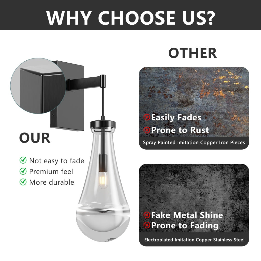 Modern Black Wall Sconces with Raindrop Glass Shade - 2 Pack