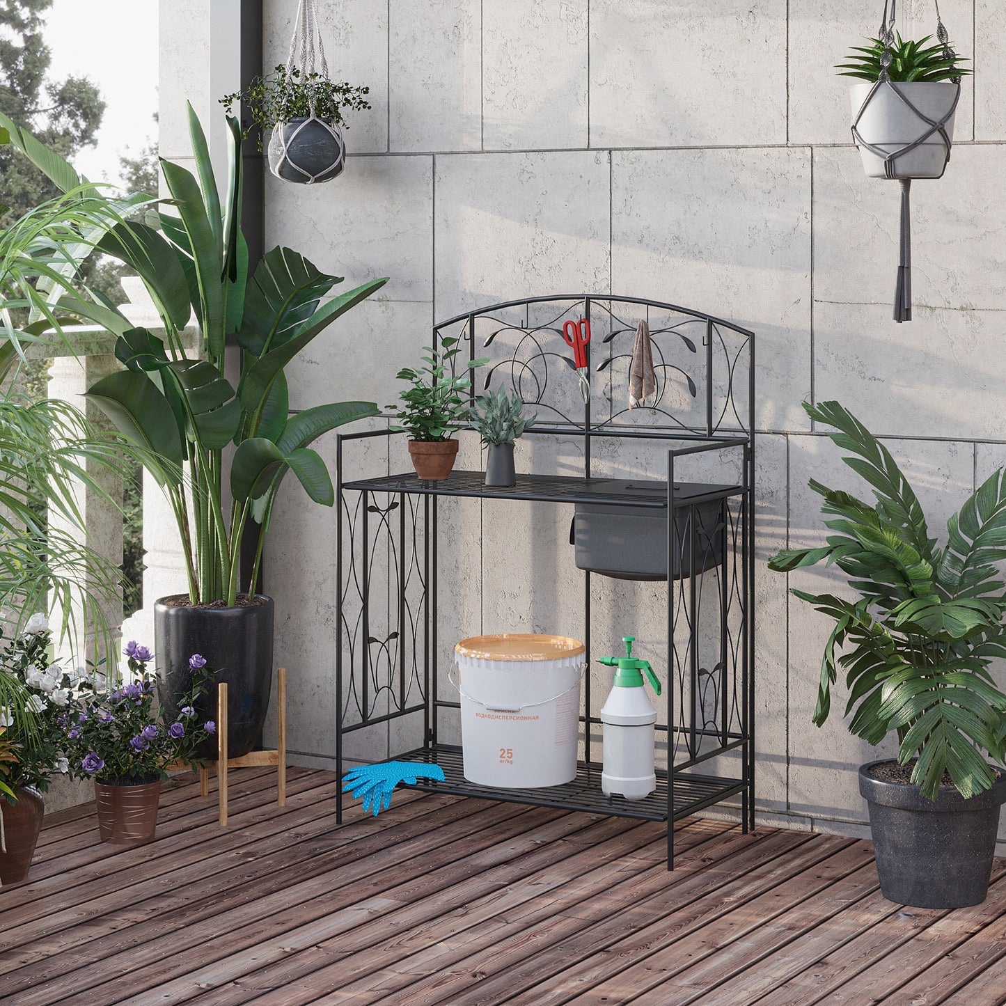 Folding Garden Potting Bench Table with Storage Bag and Hooks - Black, 1285x860mm