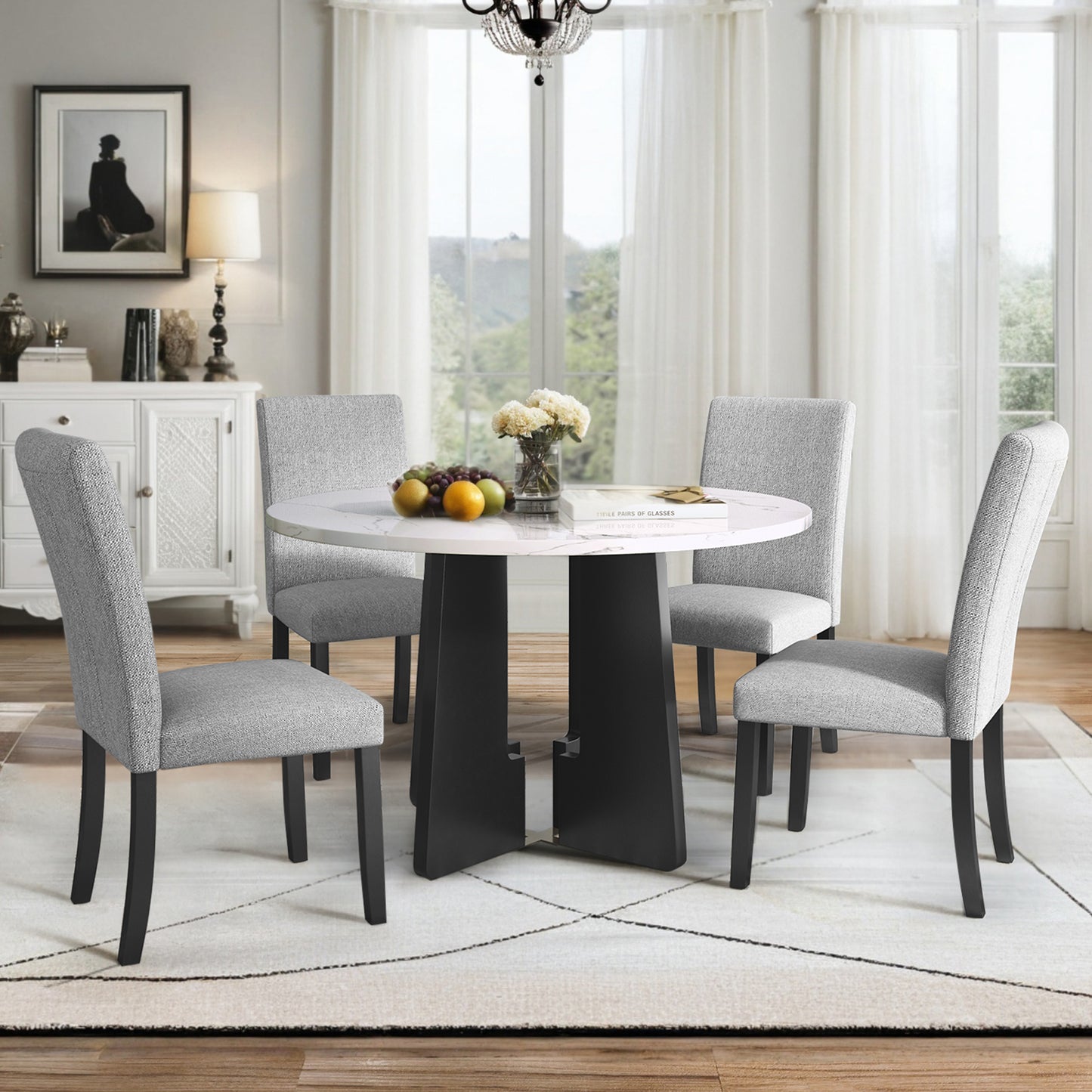 5-Piece Round Dining Table Set, 43-Inch Modern And 4 Upholstered
