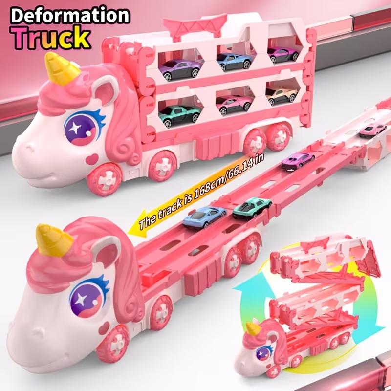 Pink Transforming Truck Toy with Expandable Racetrack and Car Storage Set for Kids