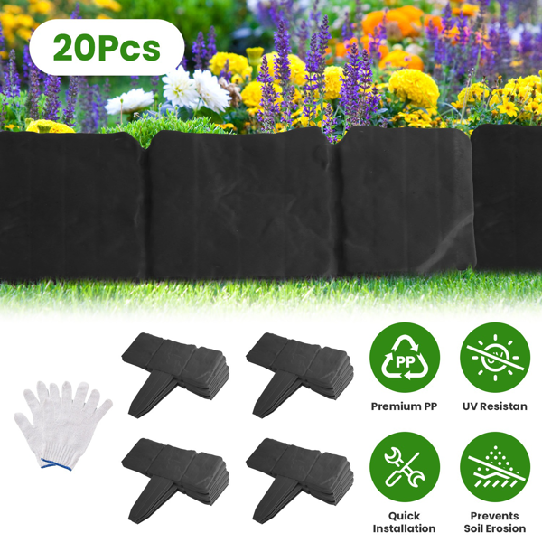 Plastic Lawn Edging Set - Interlocking Garden Border for Flower Beds & Walkways, 20 Pieces, 16ft