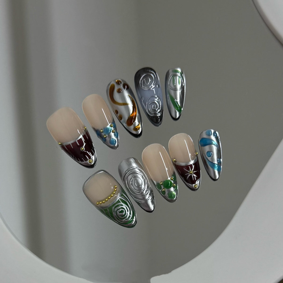 Dark Blue-Green Nail Wraps - Handmade Mysterious Pattern for Women