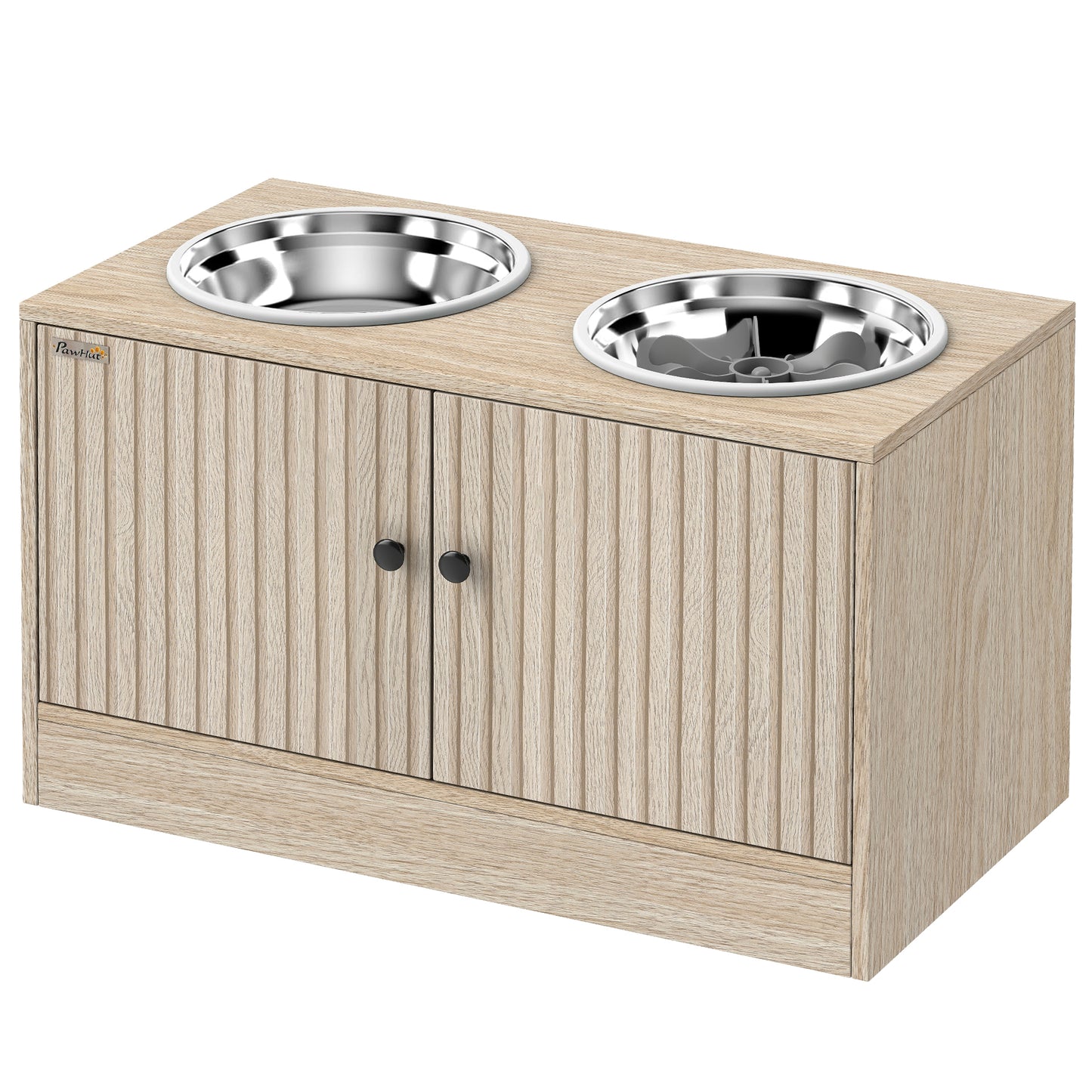 Elevated Dog Feeding Station with Storage Cabinet & Stainless Steel Bowls - Oak