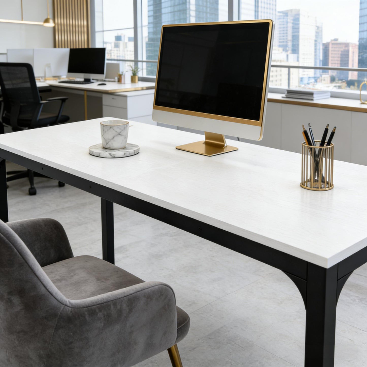 Modern Rectangle Computer Desk - Dual Workspace, Black & White