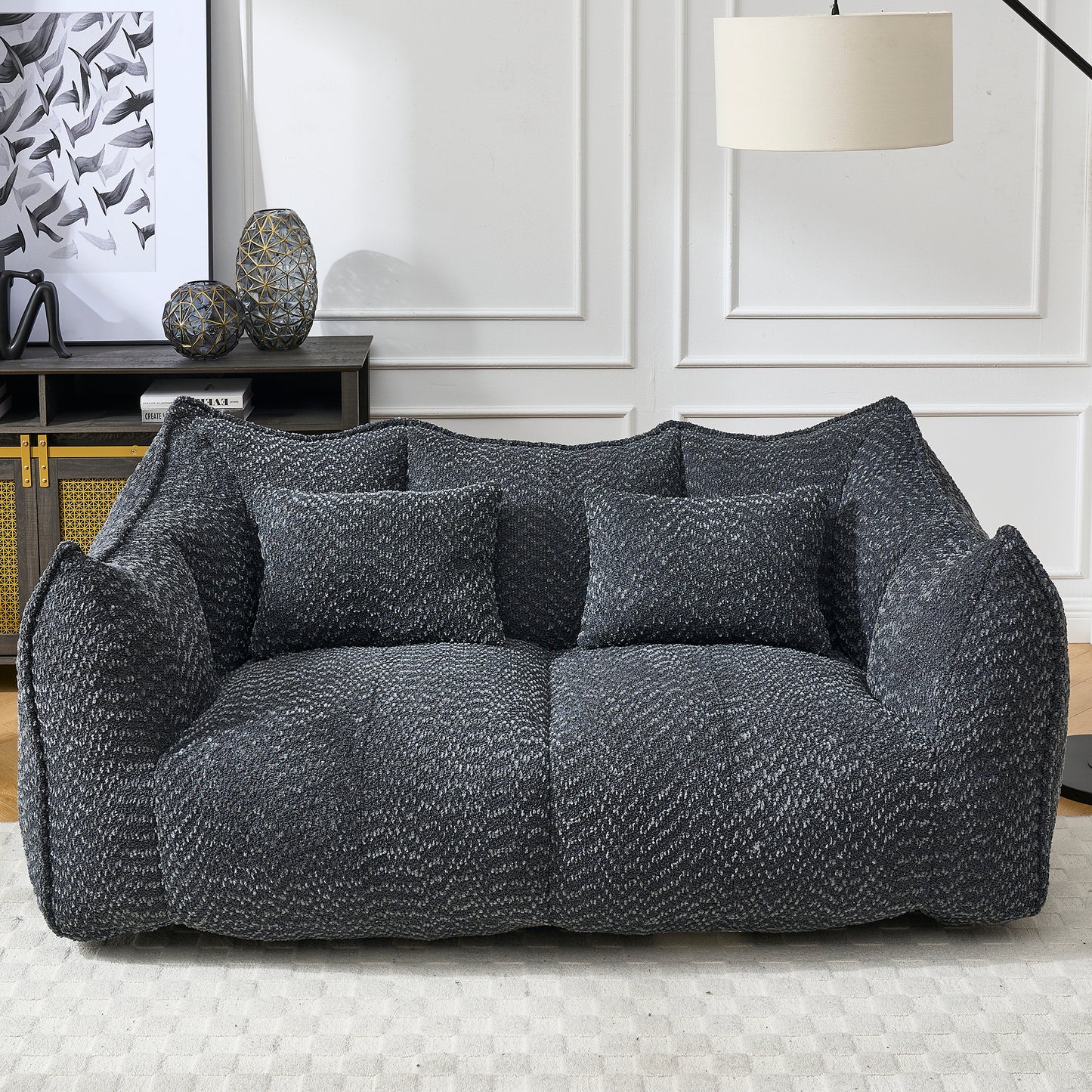 Comfortable Square Beanbag Chair for Two - Black Chenille