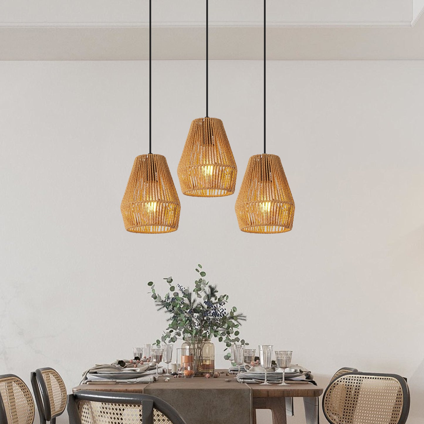 7-Inch Set of 3 Rustic Hemp Rope Pendant Lights - Farmhouse Ceiling Fixtures