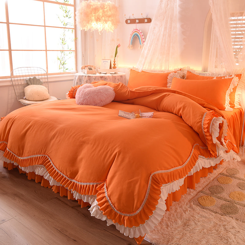 Luxury Four-Piece Lotus Leaf Lace Bed Sheet Duvet Cover Set with Bed Skirt
