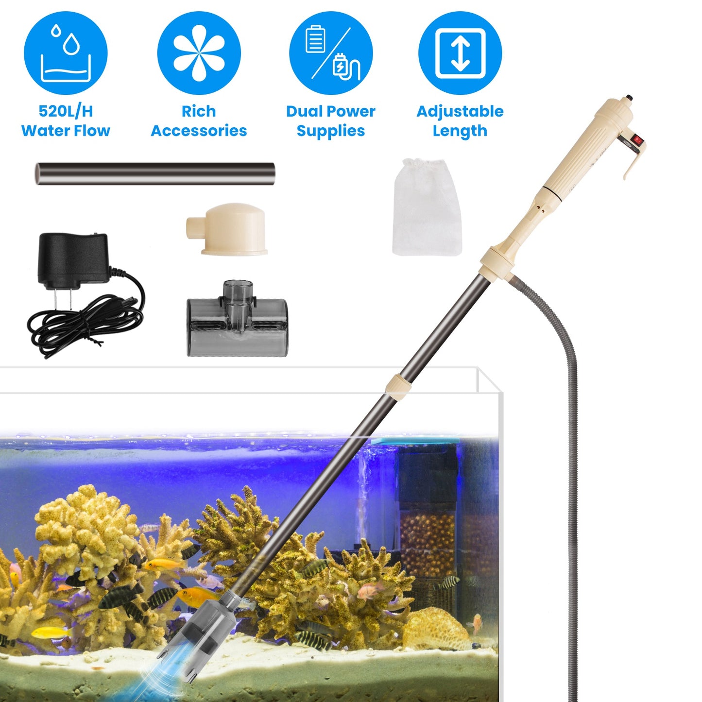 Electric Aquarium Gravel Cleaner Kit with Adjustable Length Water Vacuum Fish Tank Filter