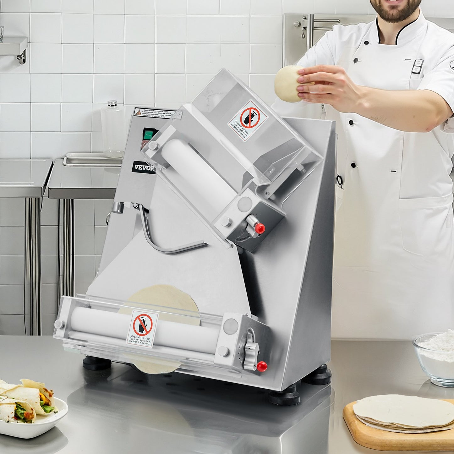 Automatic Commercial Pizza Dough Roller Sheeter 14 Inch, Adjustable Thickness, Silver