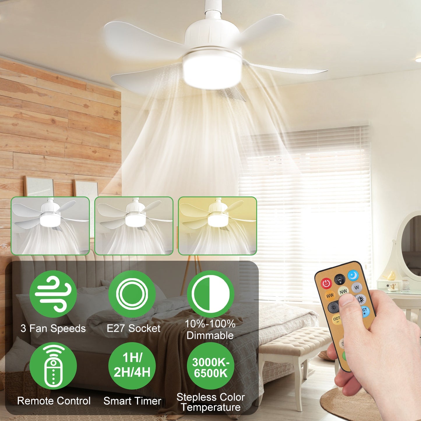 Ceiling Fan with Dimmable LED Light, 12W Smart Remote Control, 3 Speeds White