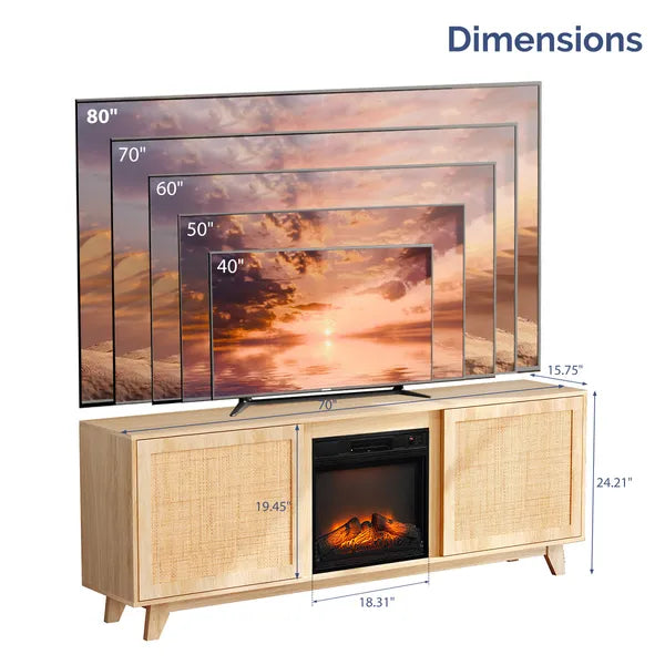70-Inch Oak Finish Low-Profile Fireplace TV Stand with Rattan Doors