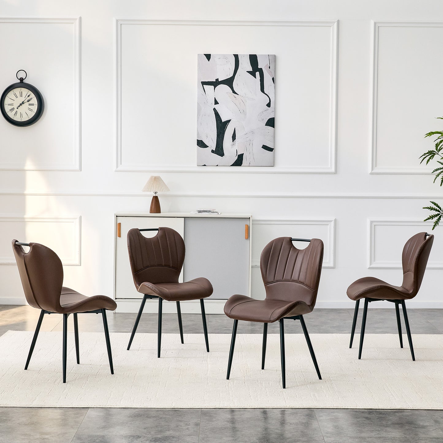 Set Of 4 Brown PU Dining Chairs With Integrated Handle. Black Metal