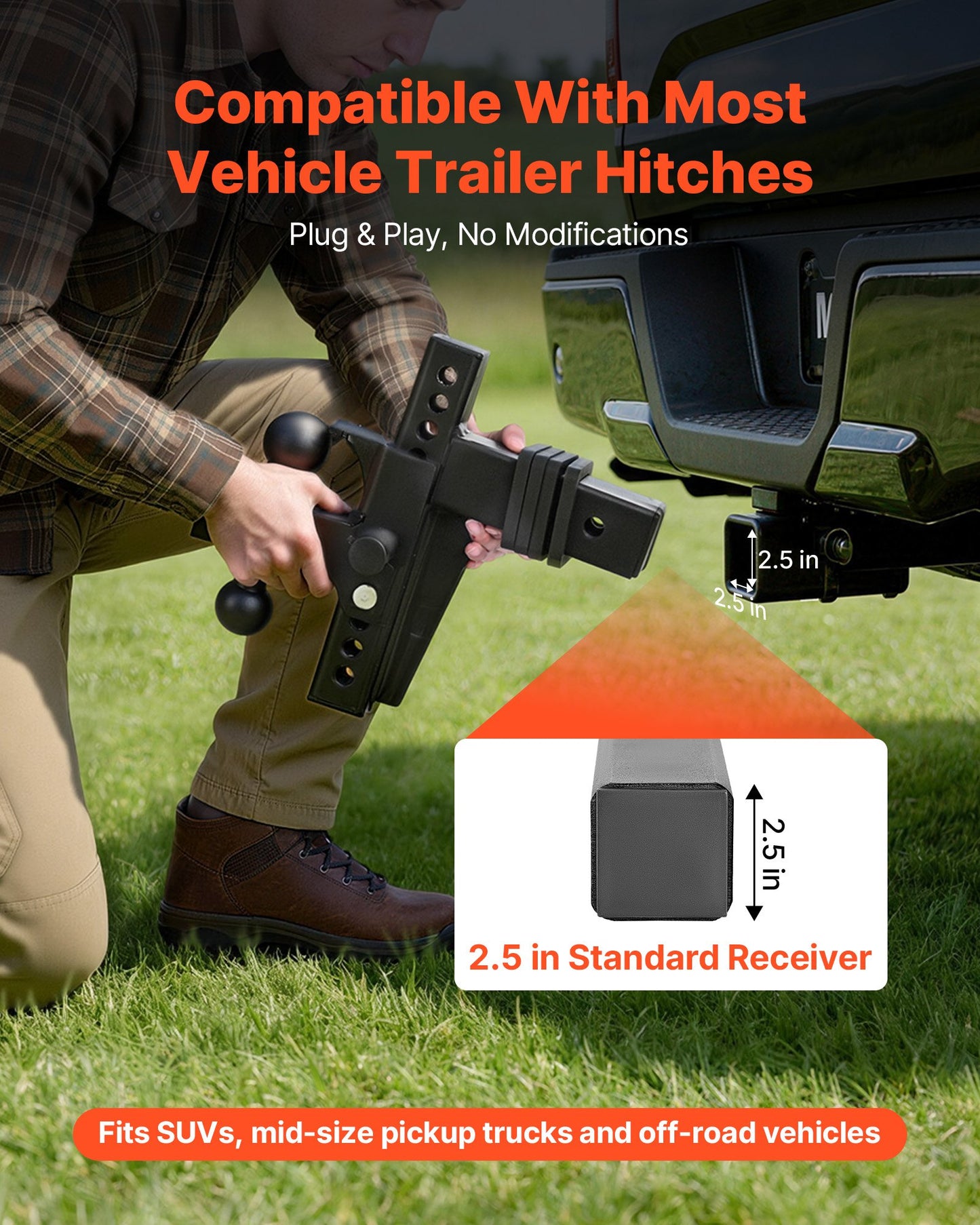 Adjustable Trailer Hitch Ball Mount for 2.5-Inch Receiver, 21000 lbs GTW, 9-Inch Drop, Black