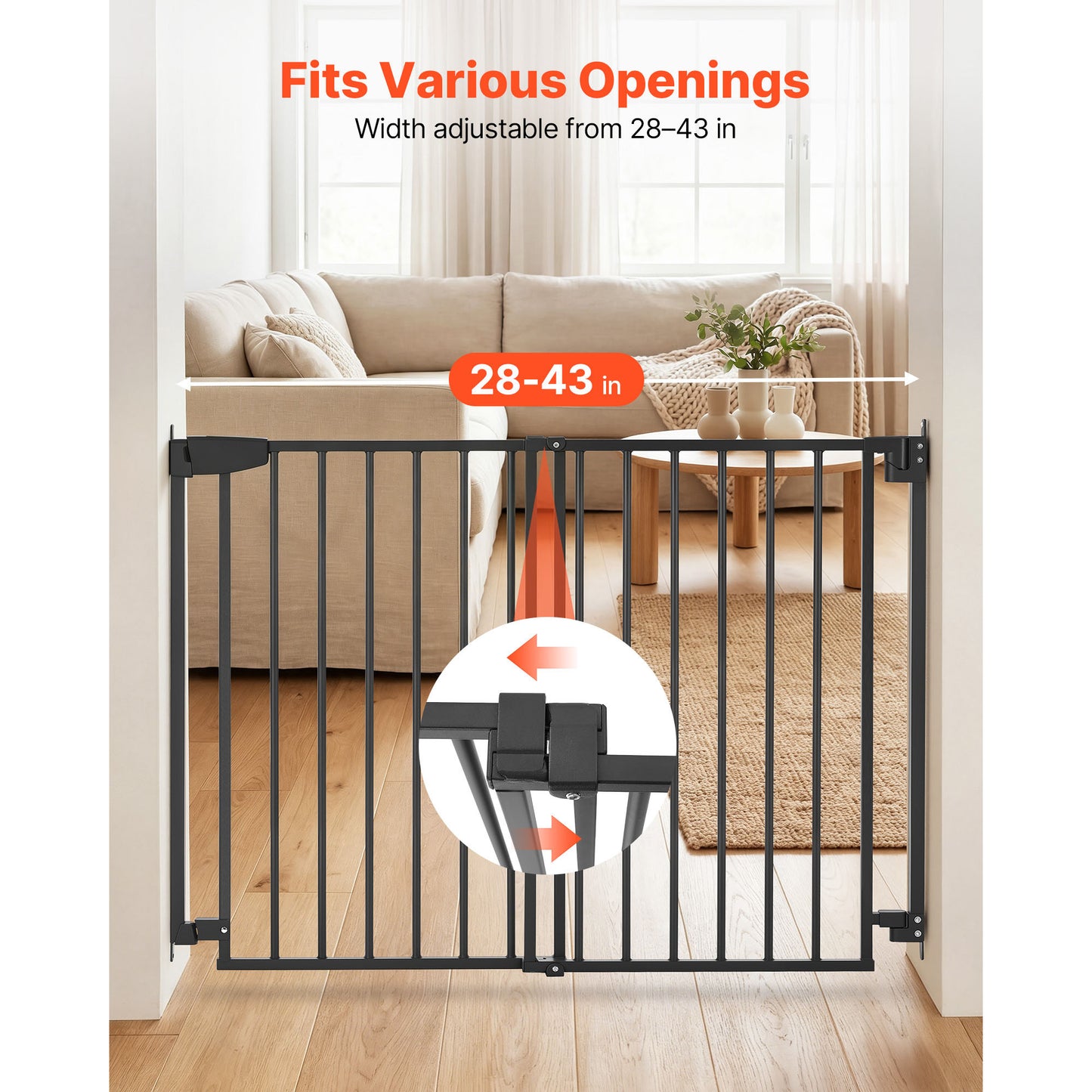 Baby Gate for Stairs & Doorways - Adjustable, No Bottom Bar, One-Handed Operation, Black