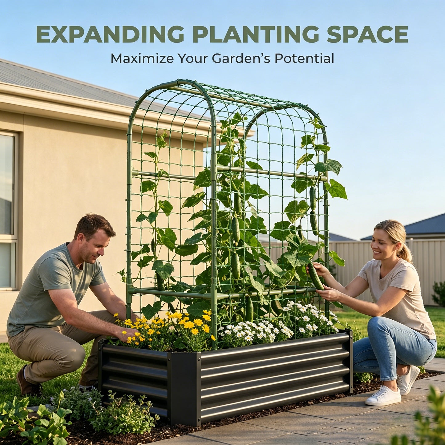 2-in-1 Raised Garden Bed with Trellis - 59" Metal Planter Box