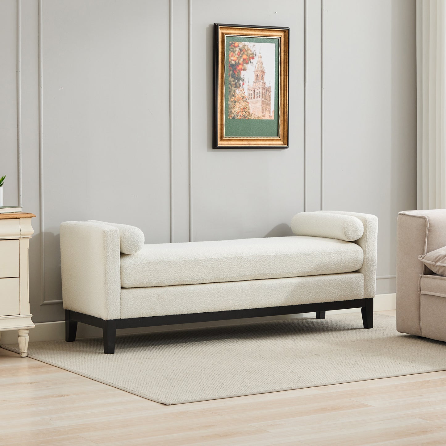 66.34" Upholstered End of Bed Bench - Ivory Boucle with Wood Frame