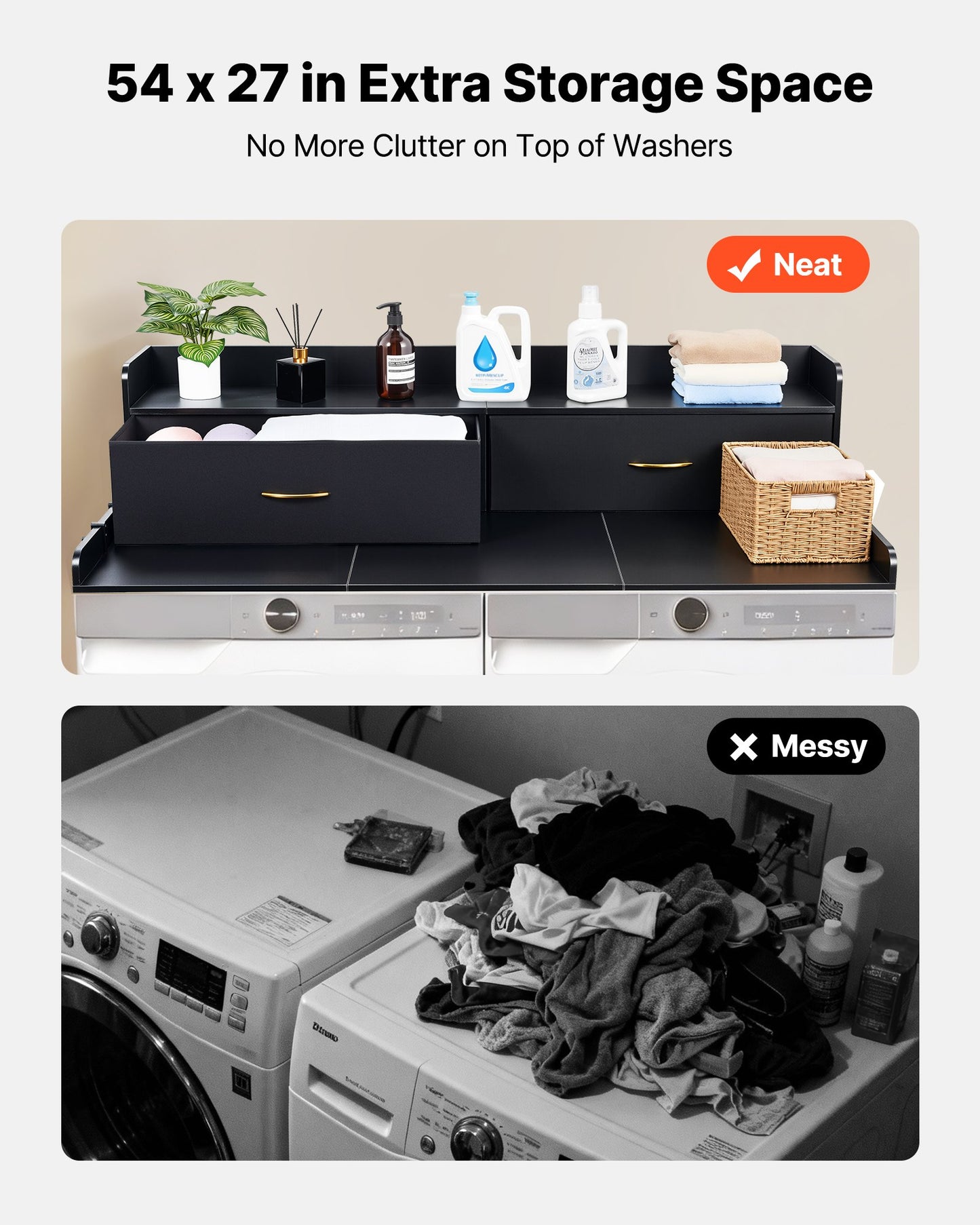 Wooden Washer Dryer Countertop with Shelf, 54x27.5 in - Black Laundry Storage