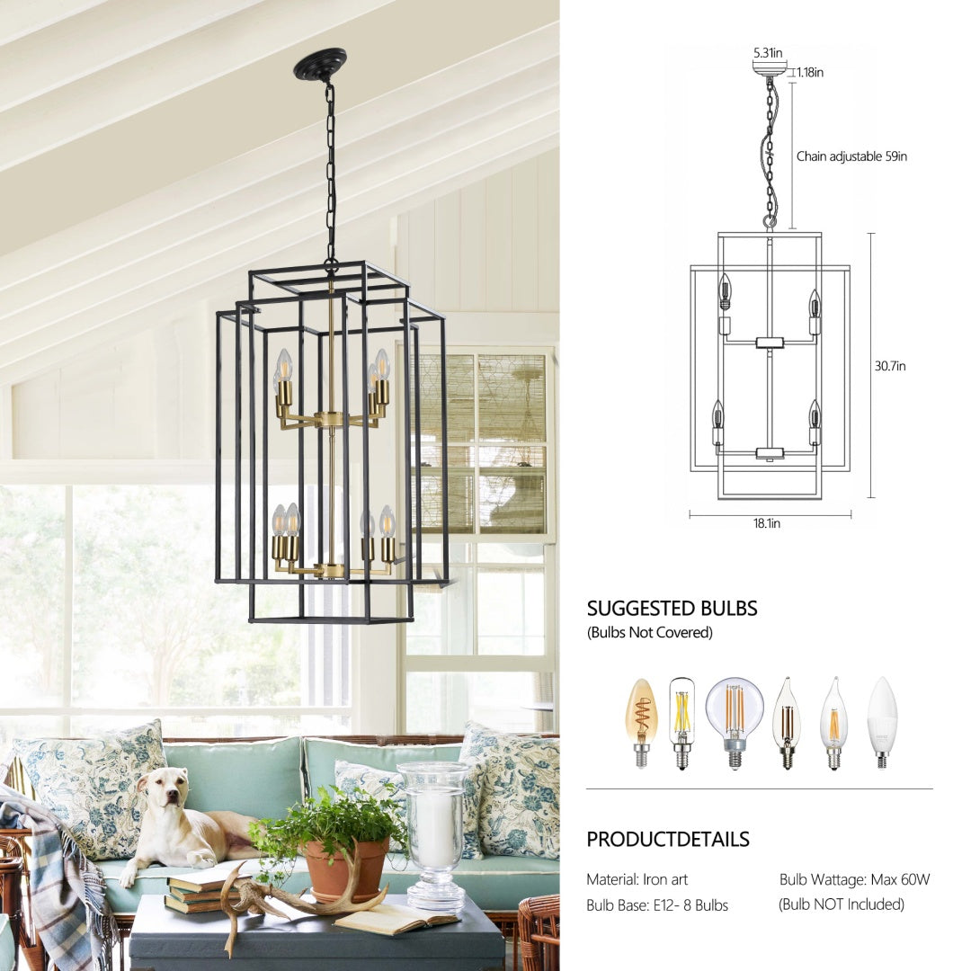 Modern 8-Light Black Gold Geometric Pendant Chandelier