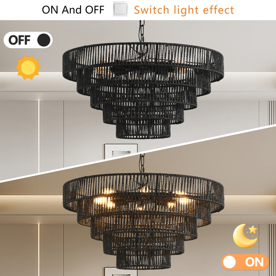 Rustic 5-Tier Black Hemp Rope Pendant Light Chandelier - 8 E12 Sockets