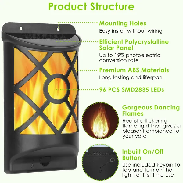 Outdoor Solar Flame Lights with 96 LEDs Waterproof Wall Mount Garden Decor