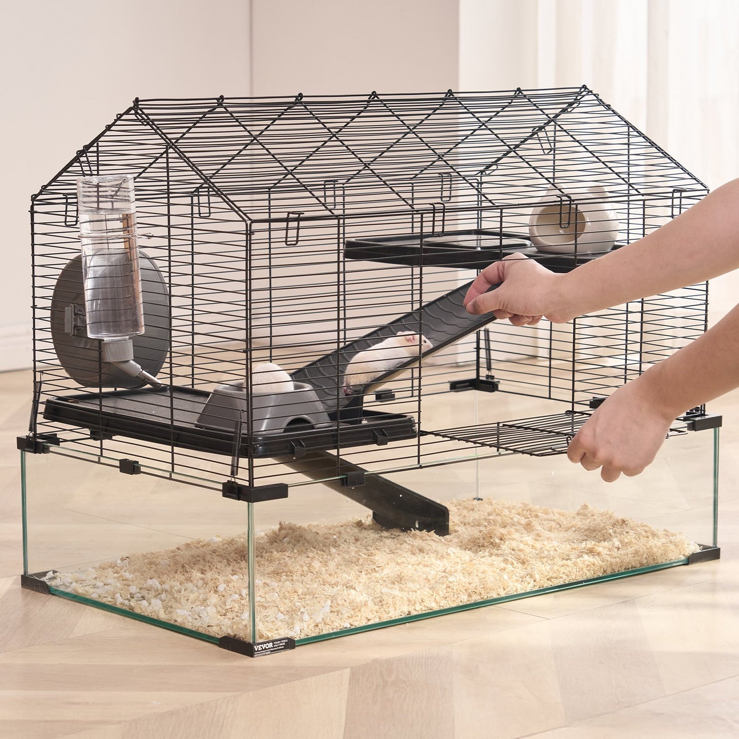 29.5 Inch Small Animal Cage with Acrylic Viewing Window - Metal Hamster Habitat in Black