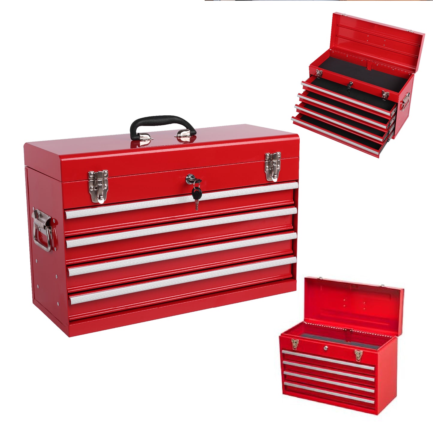 Heavy Duty Metal Tool Box 21-inch with 4 Drawers, Portable Steel Chest, Locking & EVA Liners