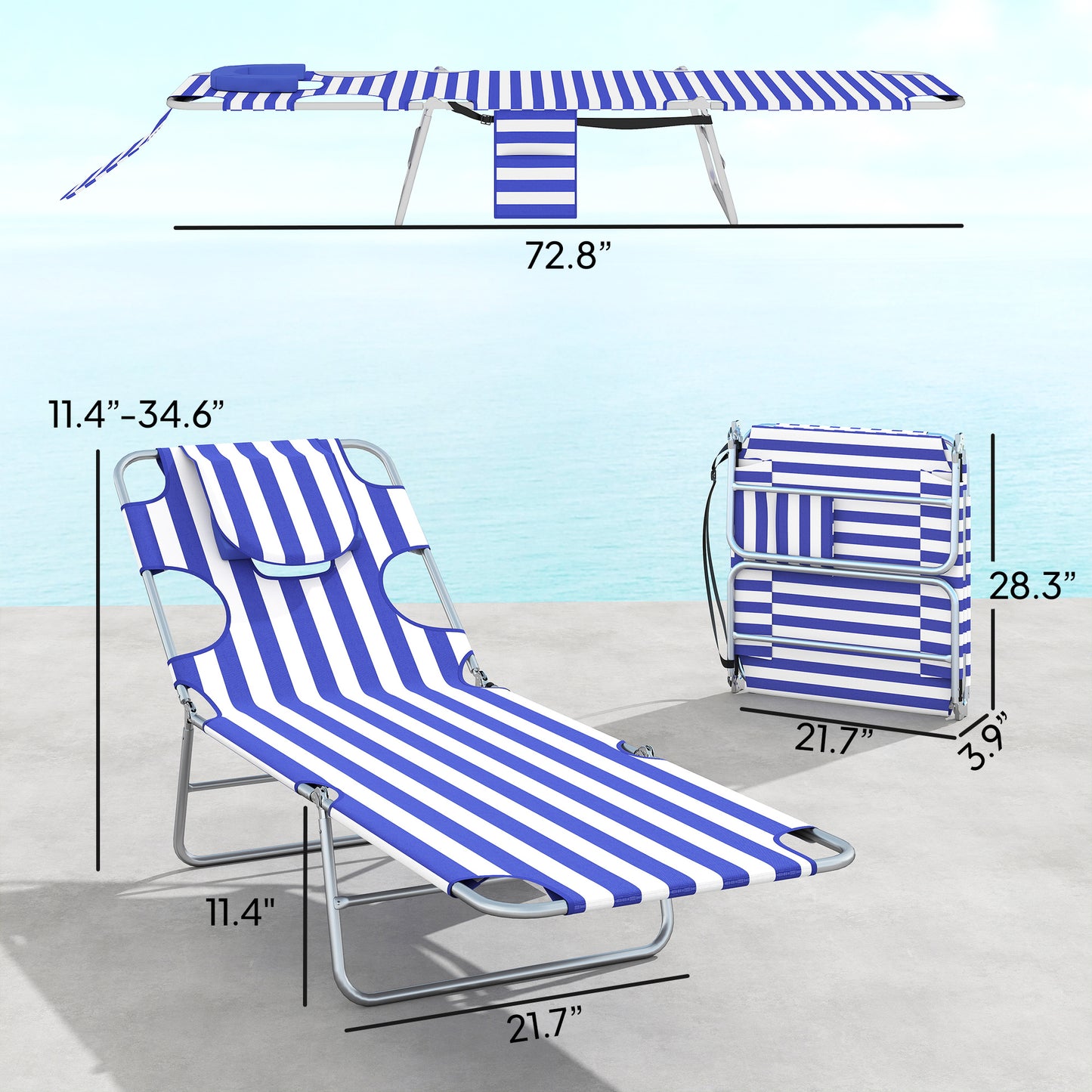 Adjustable Folding Chaise Lounge Chairs - Set of 2, Blue Stripe