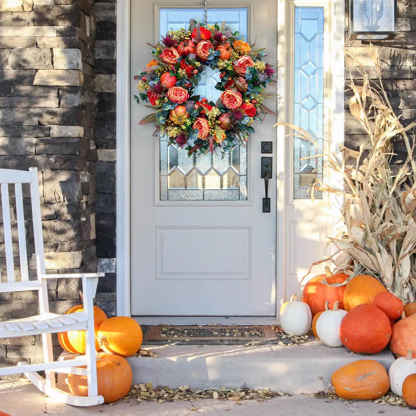 Autumn Peony Halloween Pumpkin Wreath Home Decor - 40x40cm & 30x30cm