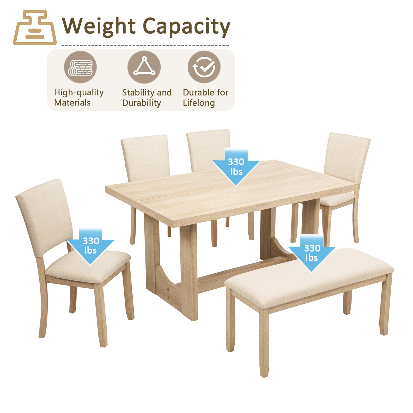 6-Piece Wooden Dining Table Set with Bench & Upholstered Chairs