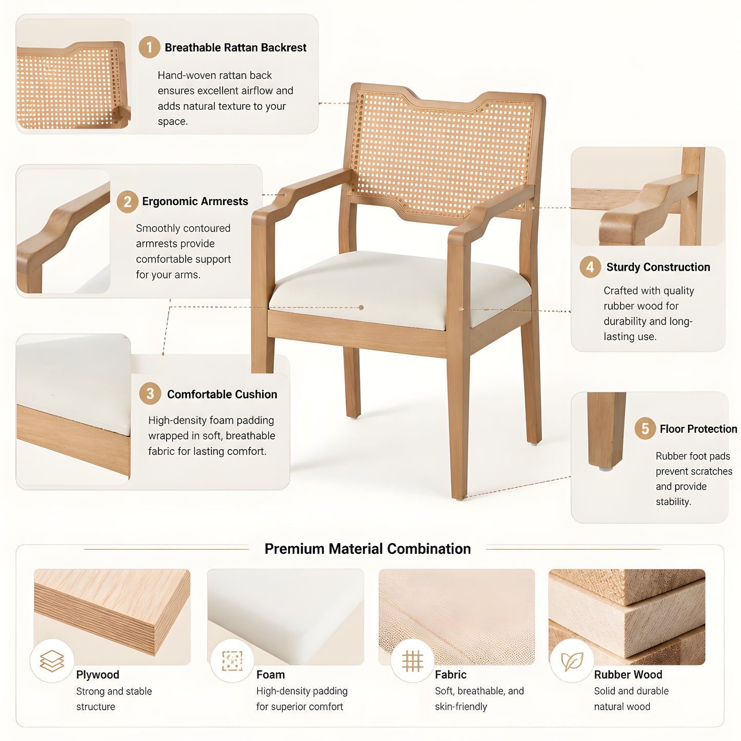 Upholstered Dining Chairs Set of 2 with Rattan Backrest - Beige Natural