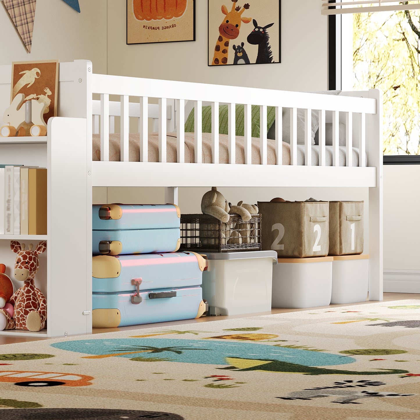 Twin Bed Frame With Storage Shelf, Wooden Slide And Ladder,Platform