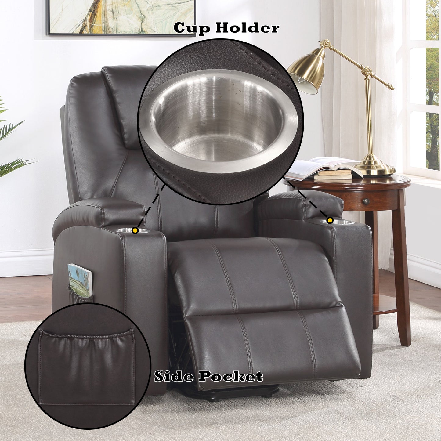 Brown Leather Recliner with Power Lift & Massage Function