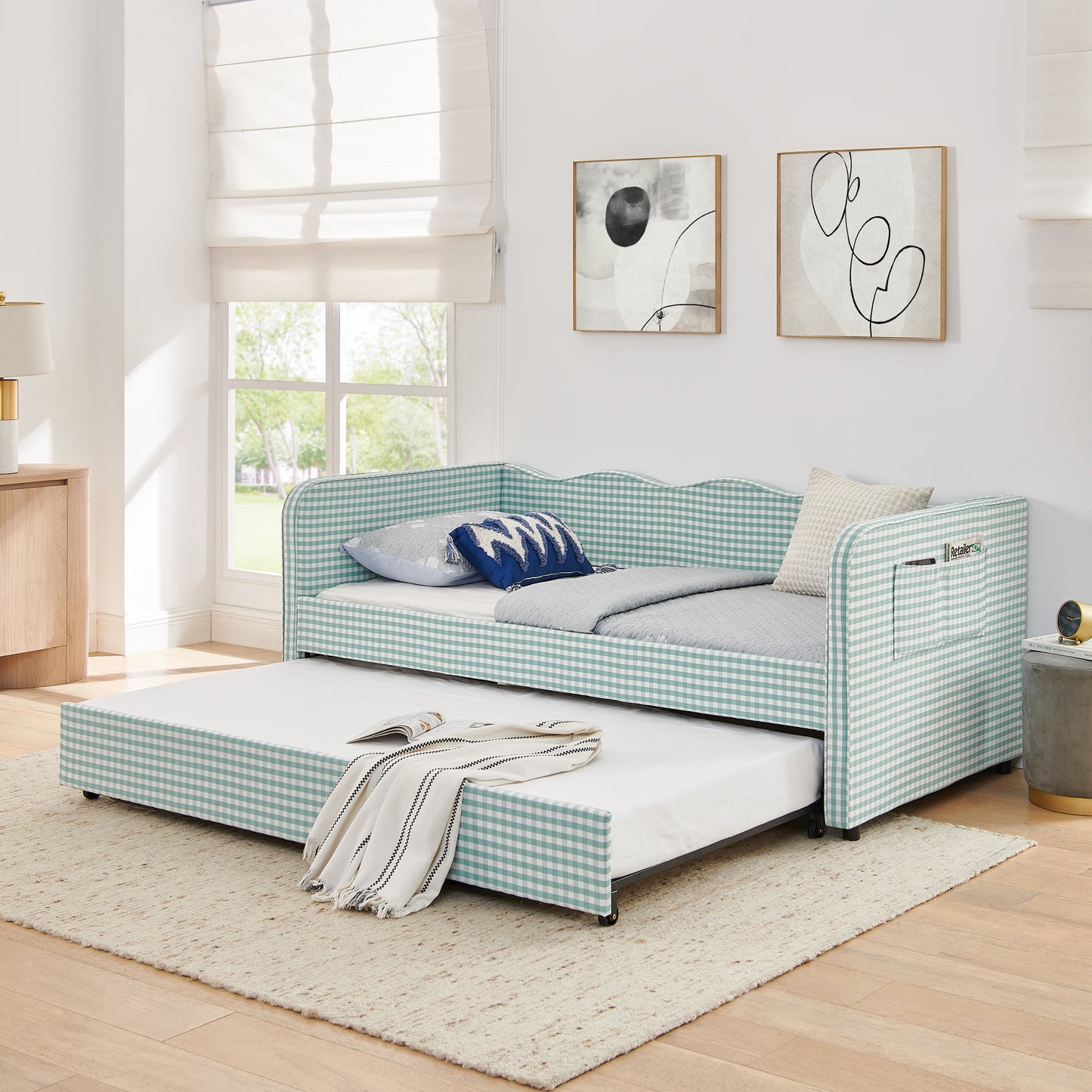 Twin Size Gingham Upholstered Daybed with Pull-Out Trundle & Storage - Cyan