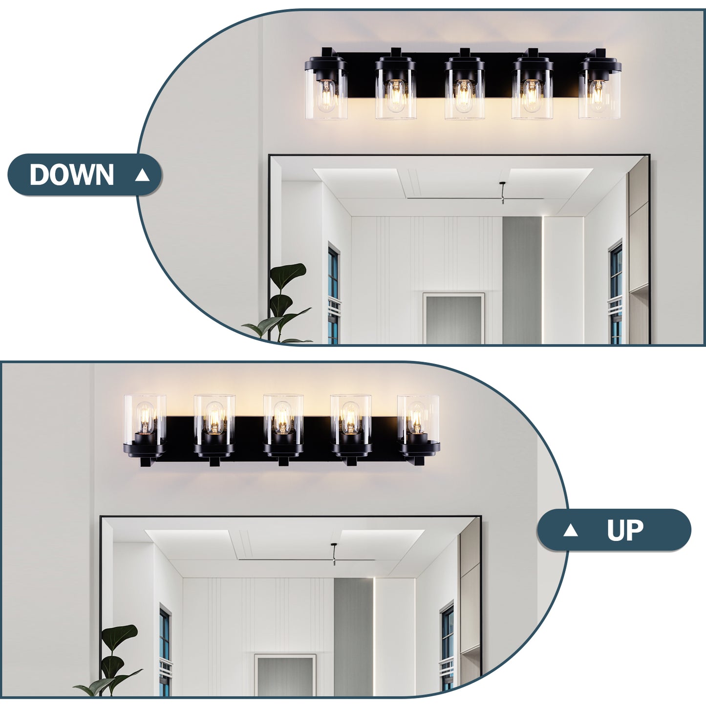 5-Light Matte Black Bathroom Vanity Light Fixture with Clear Glass Shades, Over Mirror Wall Sconce, No Bulbs Included