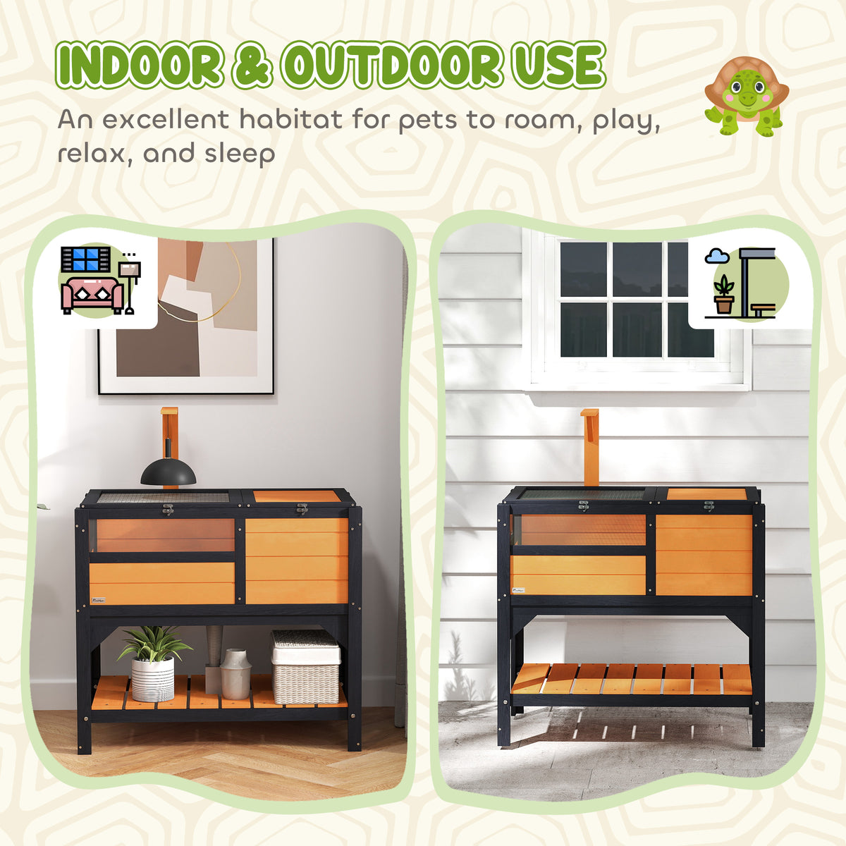 Pet Tortoise Habitat with Shelf Storage and Weather Protection - Indoor Use, Yellow