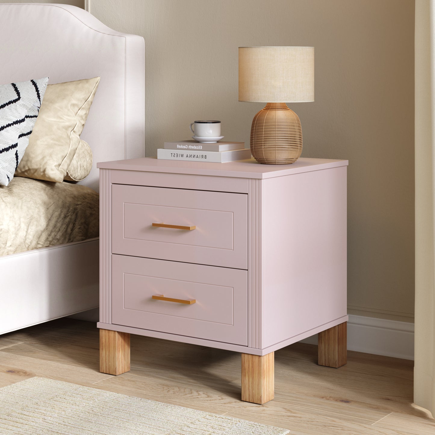 2 Drawer Nightstand - Elegant Fluted Design, Solid Wood Legs, Pink