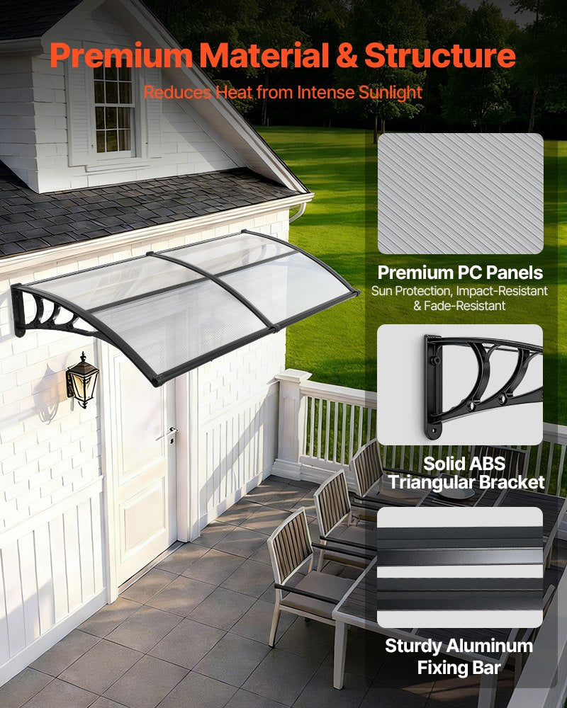 Outdoor Door Canopy Awning 38x78 Inches Polycarbonate Rain Snow Sun Protection Black
