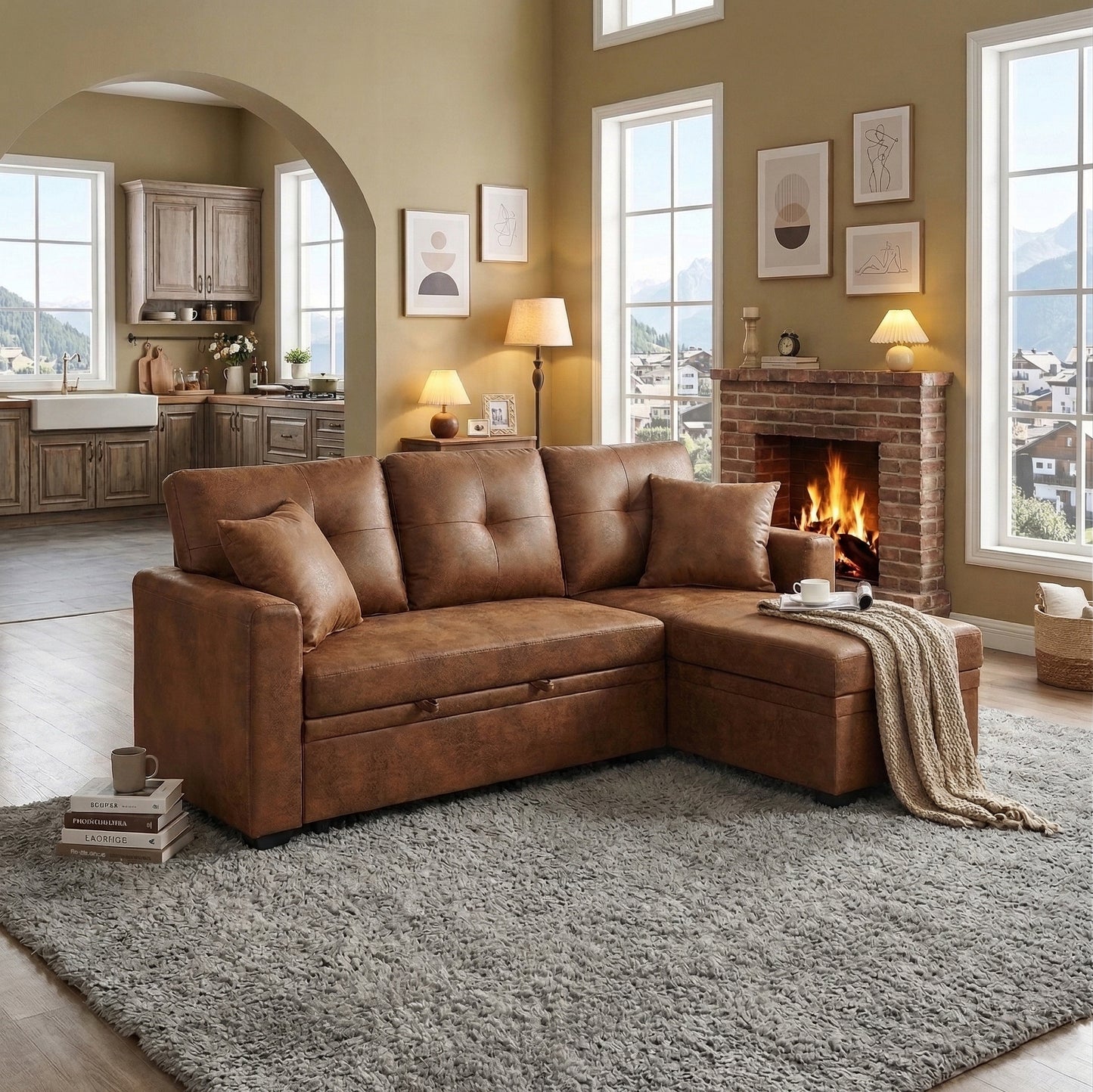 Light Brown Sectional Sofa Bed with Reversible Chaise & Storage