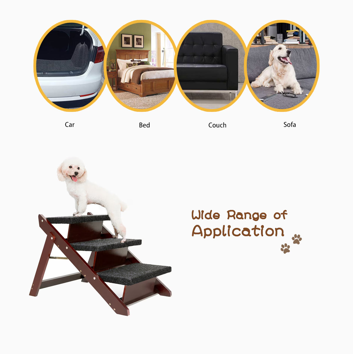 Foldable Wooden Dog Stairs & Ramp for Beds and Cars - Up to 110 lbs - Black or Brown
