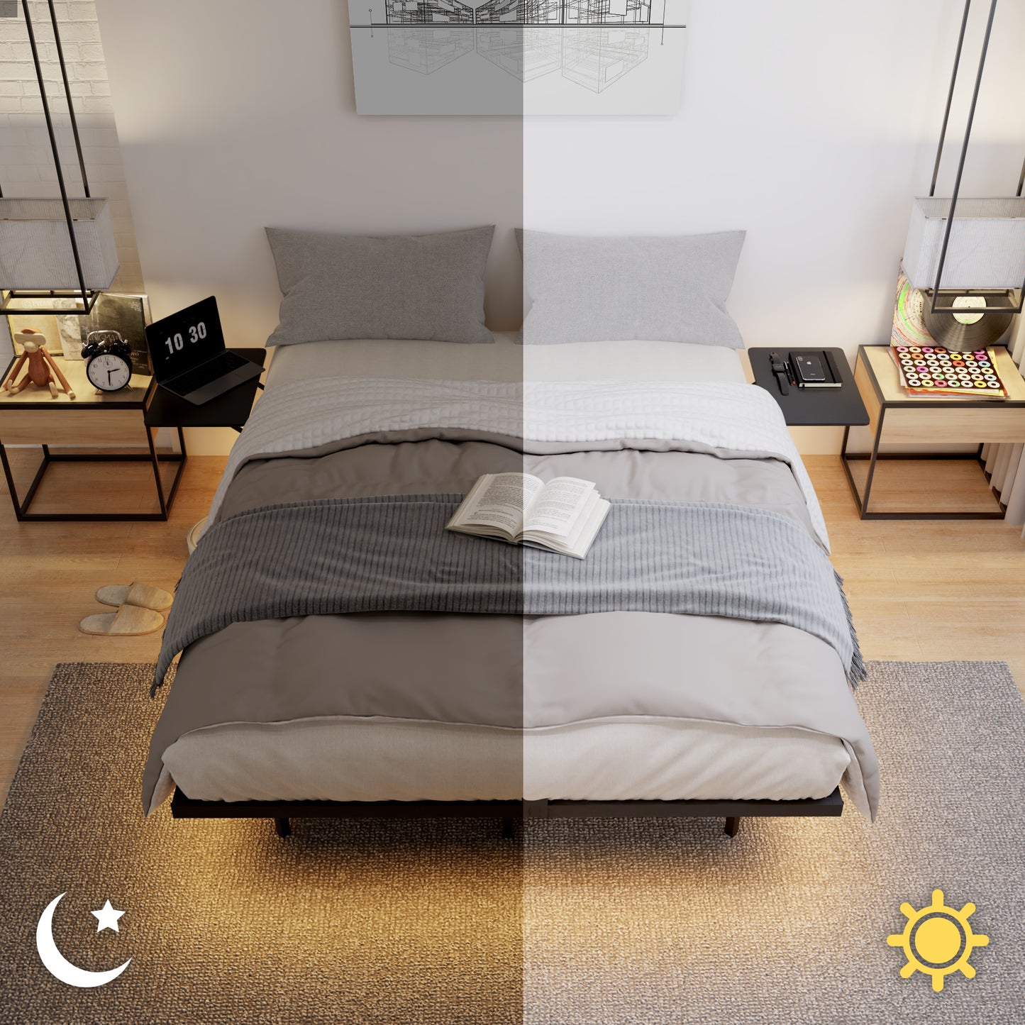 Queen Size Heavy Duty Metal Bed Frame with LED Light - Black