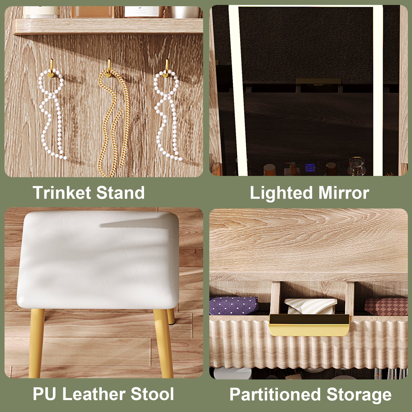 7-Drawer Vanity Desk With LED Mirror & Carved Details, Fluted Makeup