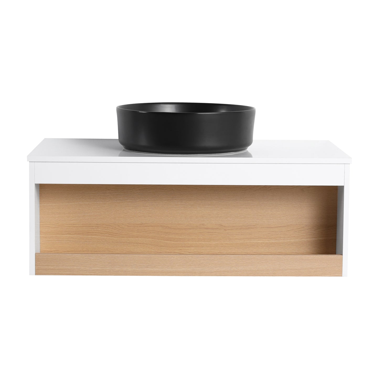 36" Floating Bathroom Vanity with Round Sink & Open Shelf - Black, White, Light Oak
